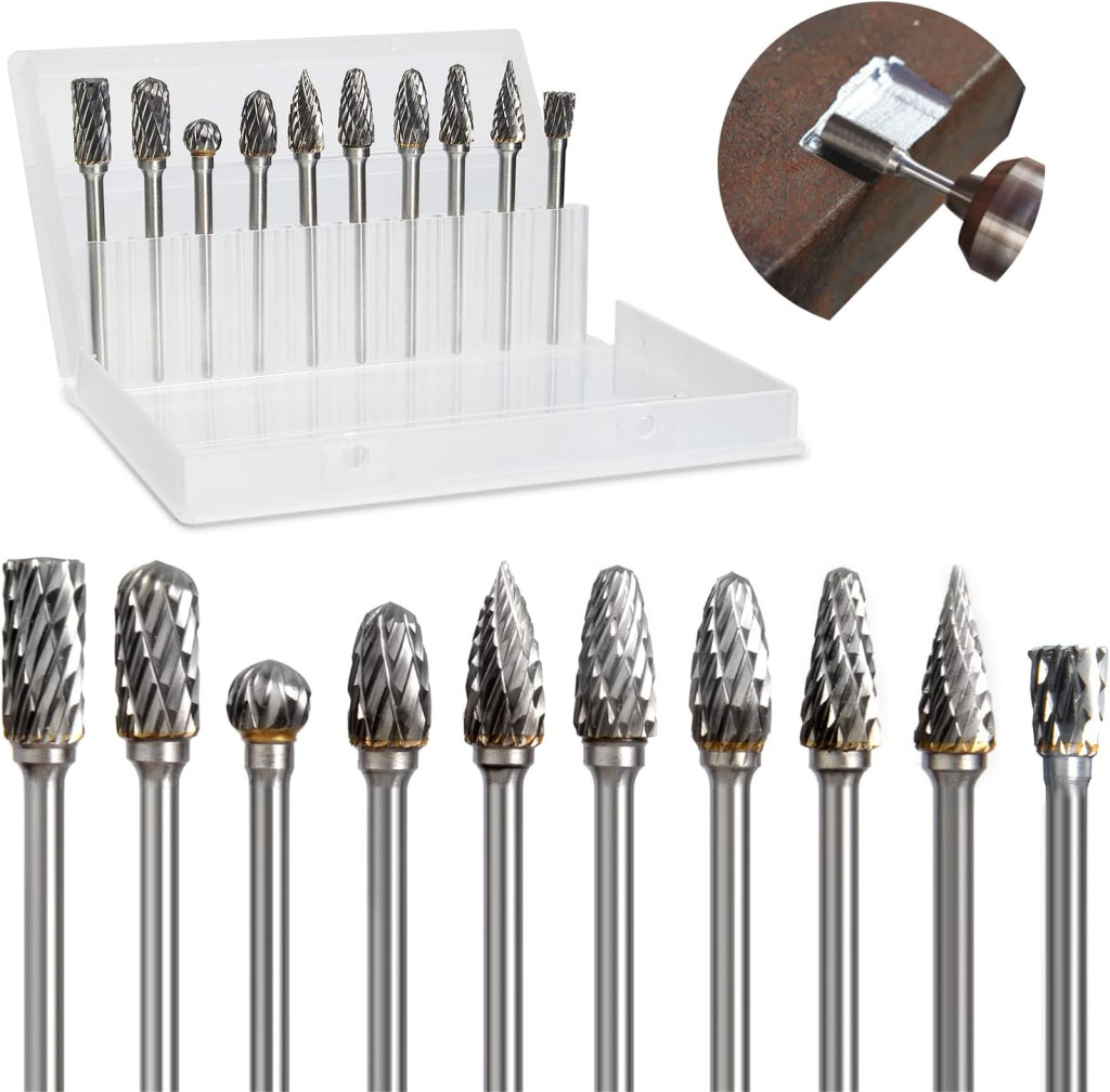 Double Cut Tungsten Carbide Rotary Burr Set for Rotary Tool, Die Grinder Bits with 1/8” Shank and 1/4” Grinding Head for DIY, Woodworking, Engraving, Metal Carving, Drilling, Polishing
