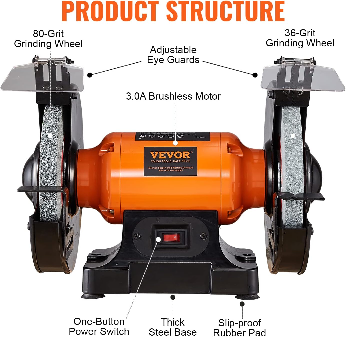 VEVOR 6 inch Bench Grinder, 750W Motor, Variable-Speed Benchtop Grinder with 3400 RPM and Work Light, Two Types Wheels for Grinding, Sharping and Smoothing