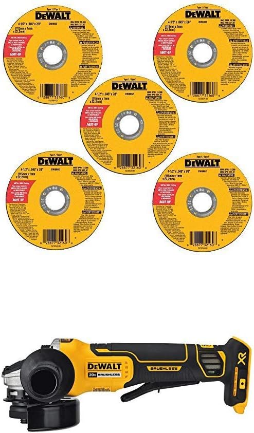 DEWALT DW8062B5 4-1/2-Inch by 0.045-Inch Metal and Stainless Cutting Wheel, 7/8-Inch Arbor, 5-Pack and DEWALT DCG413B 20V MAX* Brushless Cut Off Tool/Grinder (Tool Only)