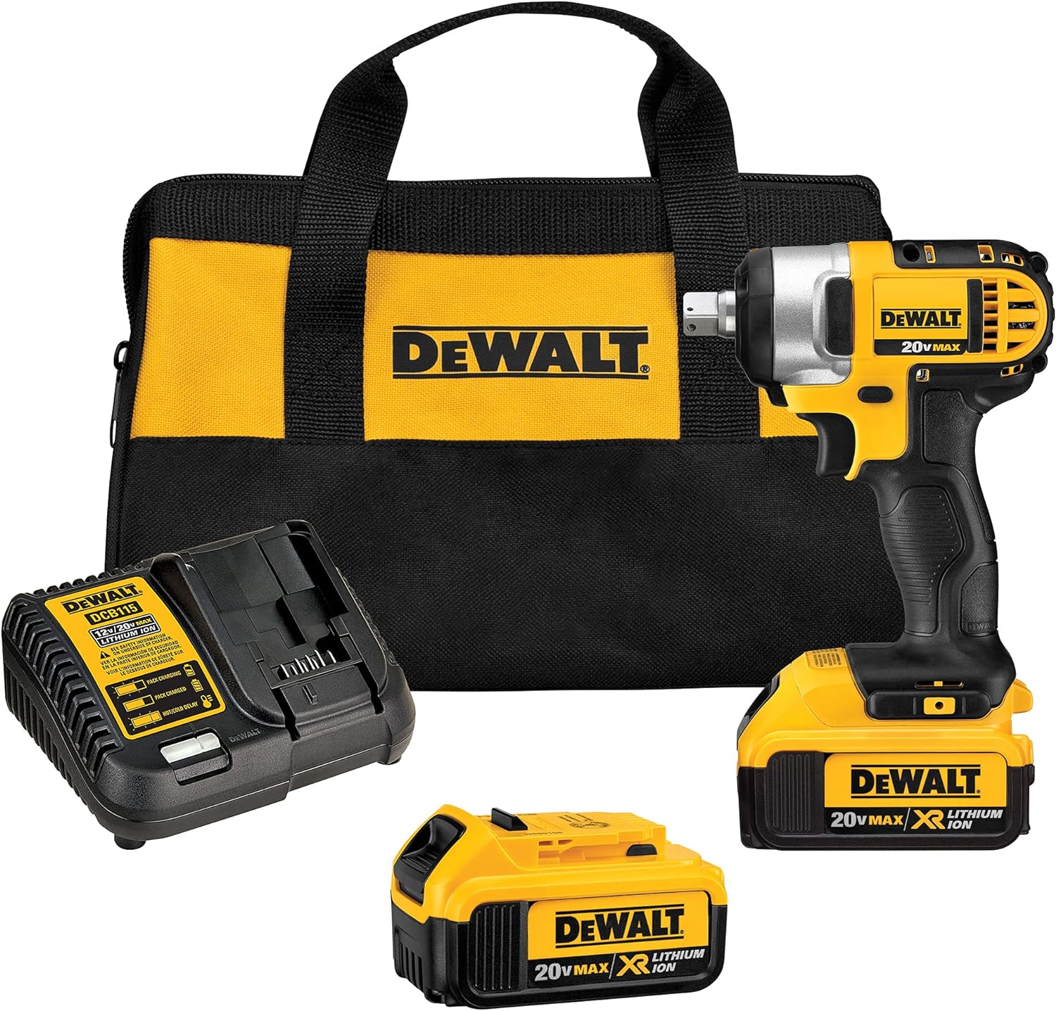 DEWALT DCF880M2 20-volt MAX Lithium Ion 1/2-Inch Impact Wrench Kit with Detent Pin, Yellow