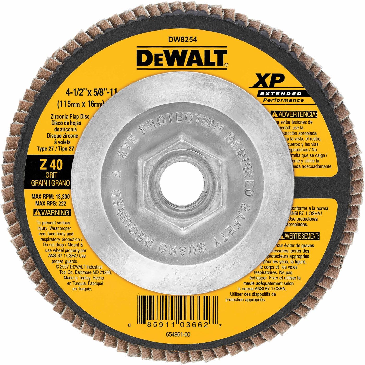 DeWalt DW8254 4-1/2 x 5/8-11 40-Grit Stainless Steel Zirconia XP Flap Disc