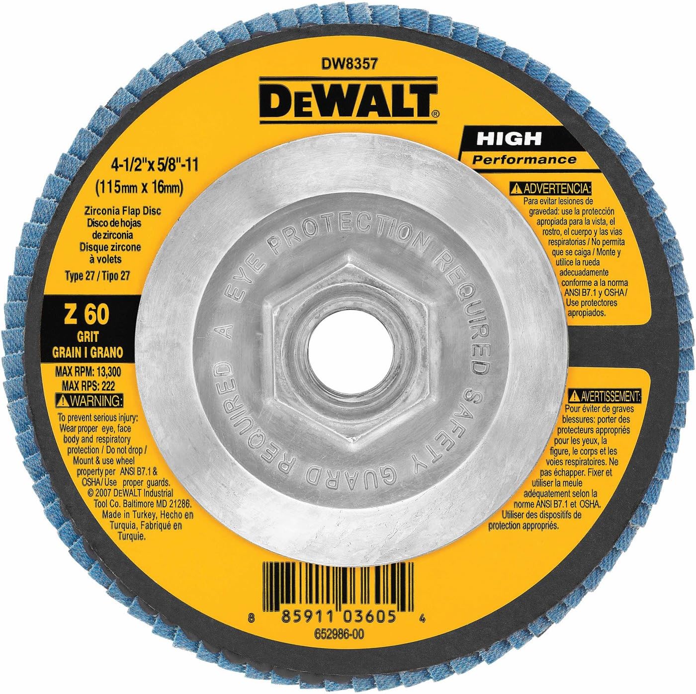 DEWALT DW8357 4-1/2-Inch by 5/8-Inch-11 60g Type 27 HP Flap Disc