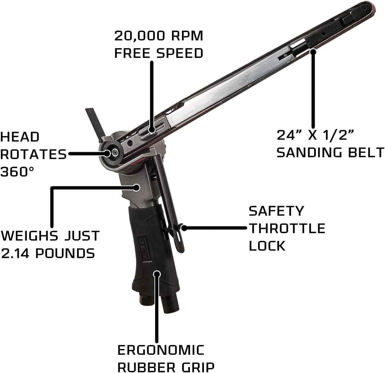 JET 1/2 x 24 Pneumatic Mini Belt Sander, 20000 RPM (Model JAT-752)