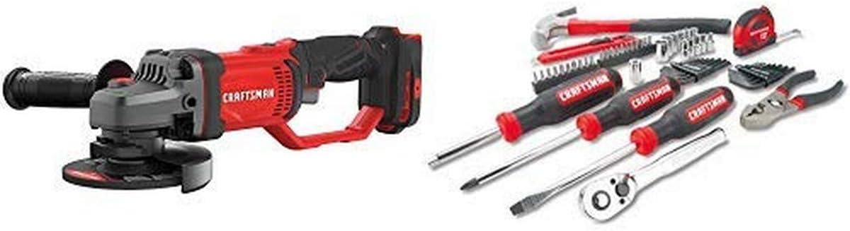 CRAFTSMAN V20 Angle Grinder, Small, 4-1/2-Inch, Tool Only with Mechanics Tools Kit/Socket Set, 57-Piece (CMCG400B  CMMT99446)