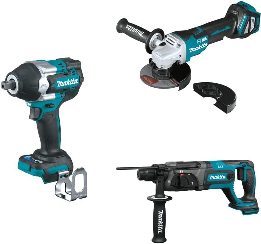 Makita 18V LXT Li-Ion Brushless 4-Speed Mid-Torque 1/2 Sq. Drive Impact Wrench, 18V LXT BL 4-1/2” / 5 Paddle Switch Cut-Off/Angle Grinder w/Electric Brake,  18V LXT 7/8 Rotary Hammer, Tools Only
