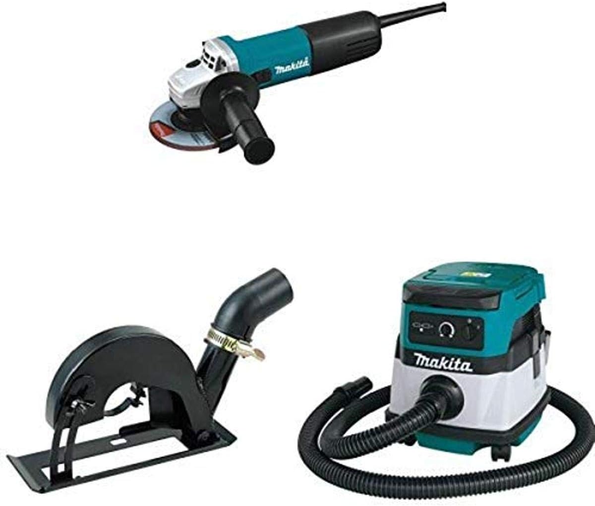 Makita 9557NB 4-1/2-Inch Angle Grinder, with AC/DC Switch, 193794-5 Dust Extraction Cutting Guard,  XCV04Z 18V X2 LXT (36V) 2.1 Gallon HEPA Filter Dry Dust Extractor/Vacuum
