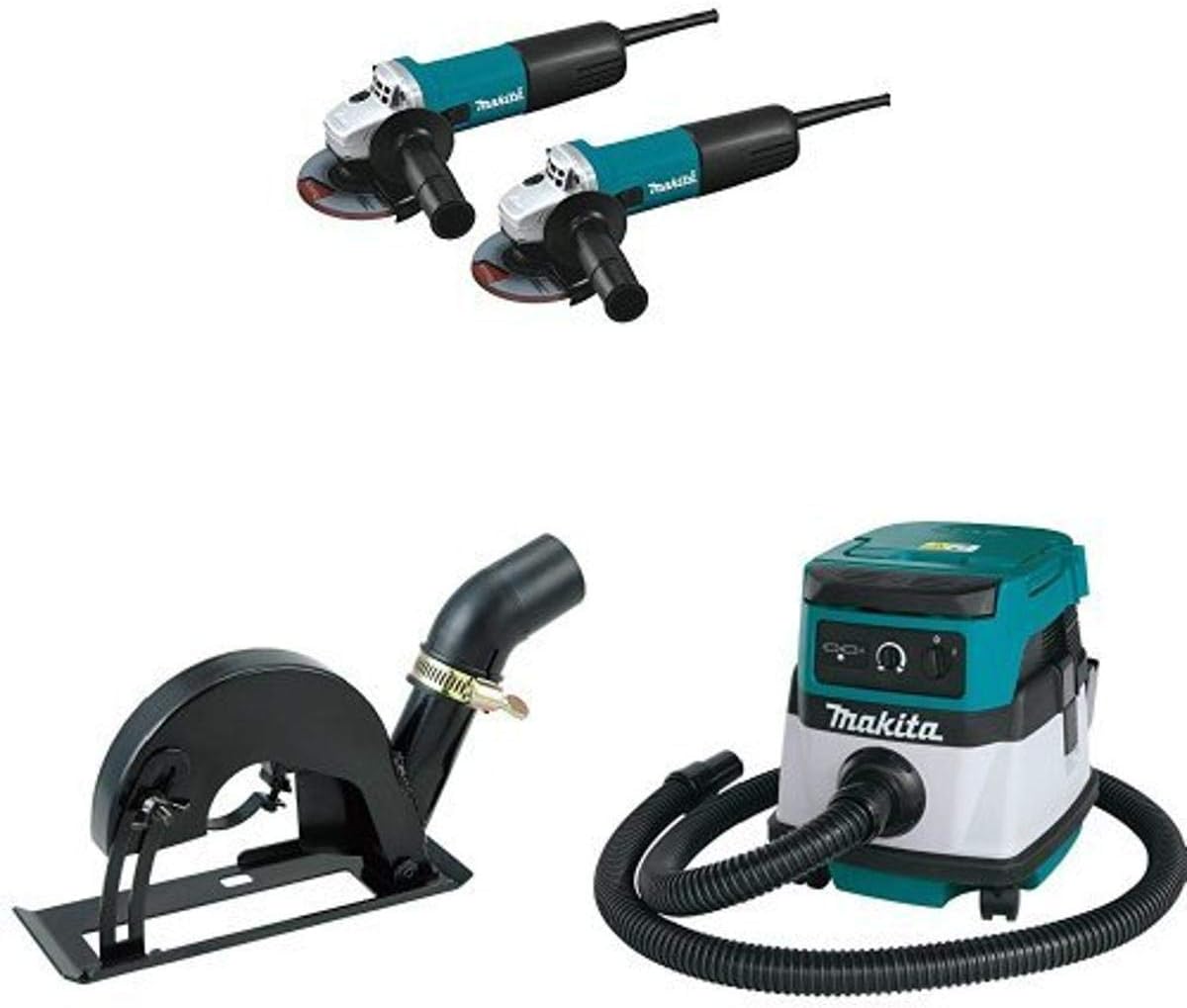 Makita 9557NB2 4-1/2-Inch Angle Grinder (2-Pack), with AC/DC Switch, 193794-5 Dust Extraction Cutting Guard,  XCV04Z 18V X2 LXT (36V) 2.1 Gallon HEPA Filter Dry Dust Extractor/Vacuum