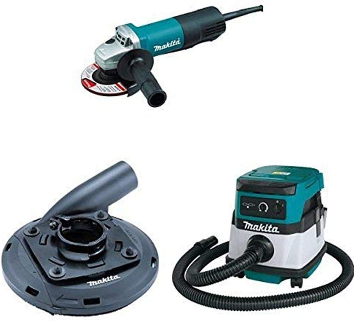 Makita 9557NB2 4-1/2-Inch Paddle Switch Angle Grinder, 195236-5 4-1/2-Inch - 5-Inch Surface Grinding Shroud,  XCV04Z 18V X2 LXT (36V) 2.1 Gallon HEPA Filter Dry Dust Extractor/Vacuum