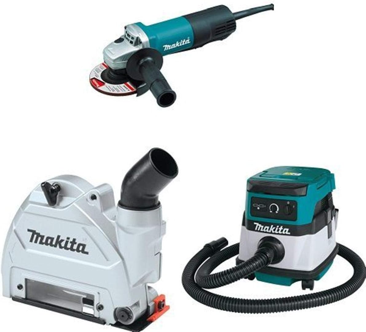 Makita 9557PB 4-1/2-Inch Paddle Switch Angle Grinder, with AC/DC Switch, 196846-1 Dust Extraction Tuck Point Guard,  XCV04Z 18V X2 LXT (36V) 2.1 Gallon HEPA Filter Dry Dust Extractor/Vacuum