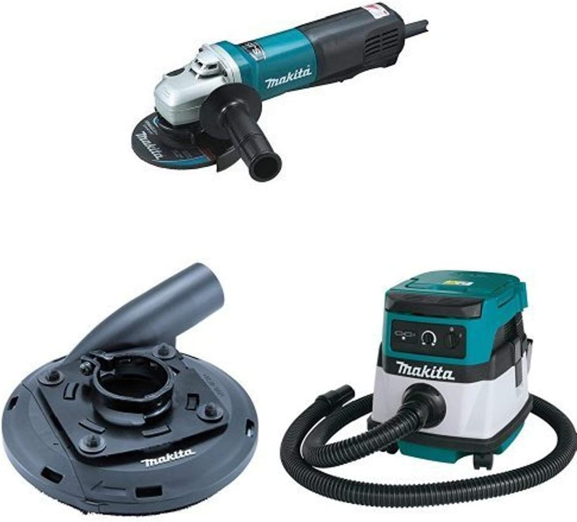 Makita 9565PCV 5-Inch SJS High-Power Paddle Switch Angle Grinder, 195236-5 Surface Grinding Shroud,  XCV04Z 18V X2 LXT (36V) 2.1 Gallon HEPA Filter Dry Dust Extractor/Vacuum
