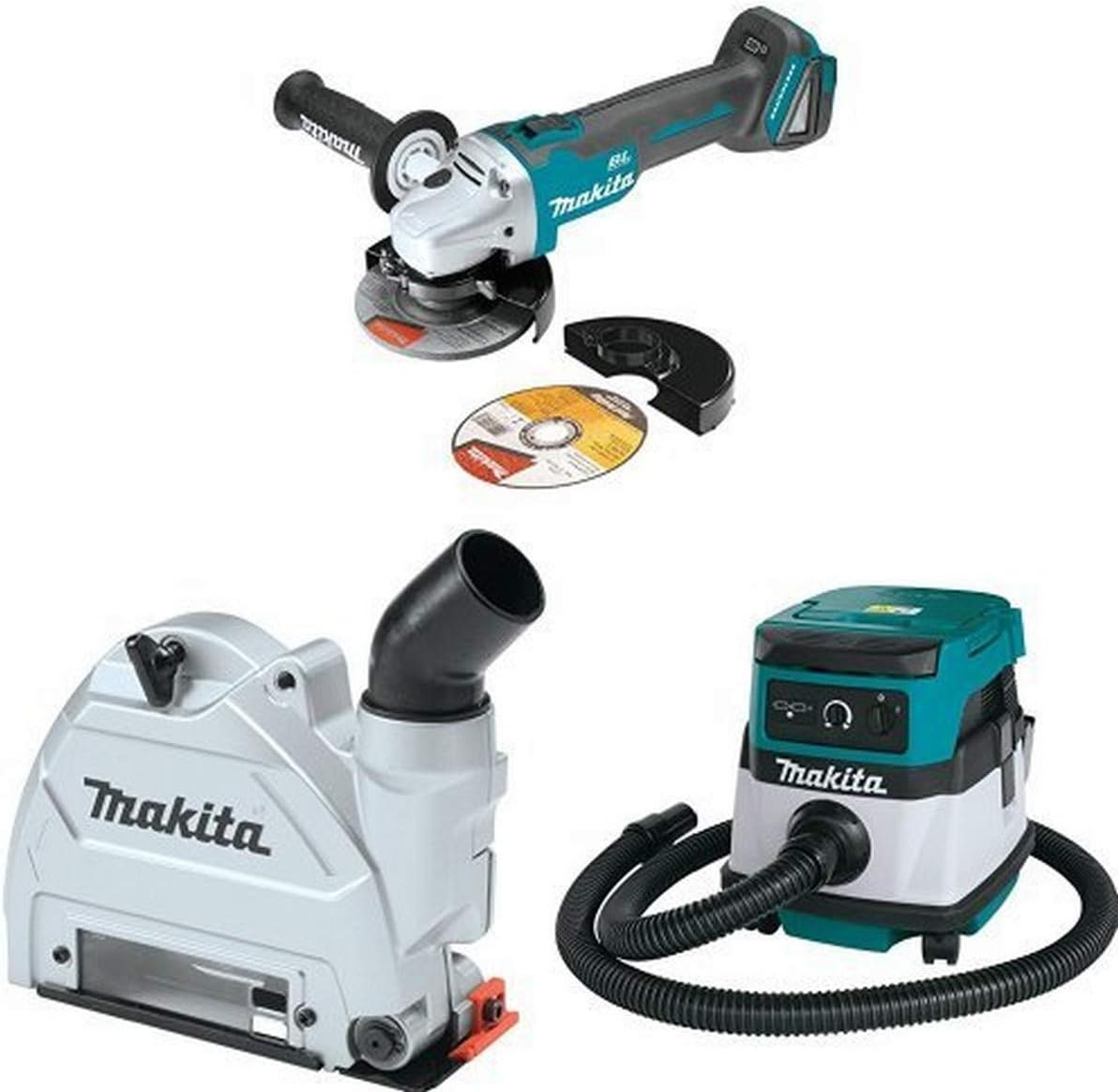 Makita XAG04Z 18V LXT Brushless 4-1/2-Inch - 5-Inch Cut-Off/Angle Grinder, 196846-1 Dust Extraction Tuck Point Guard,  XCV04Z 18V X2 LXT (36V) 2.1 Gallon HEPA Filter Dry Dust Extractor/Vacuum