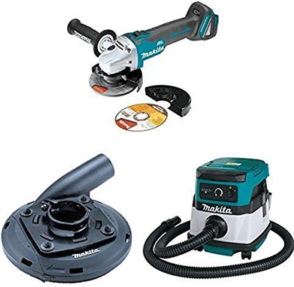 Makita XAG04Z 18V LXT Brushless Cordless 4-1/2-Inch - 5-Inch Cut-Off/Angle Grinder (Tool Only), 195236-5 Grinding Shroud,  XCV04Z 18V X2 LXT (36V) 2.1 Gallon HEPA Filter Dry Dust Extractor/Vacuum