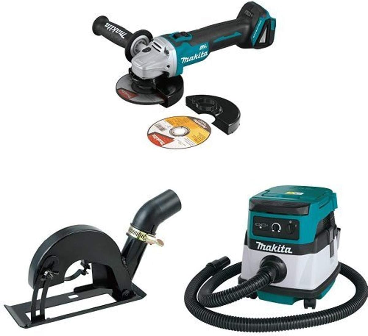 Makita XAG09Z 18V LXT Brushless 4-1/2-Inch - 5-Inch Cut-Off/Angle Grinder, 193794-5 Dust Extraction Cutting Guard,  XCV04Z 18V X2 LXT (36V) 2.1 Gallon HEPA Filter Dry Dust Extractor/Vacuum