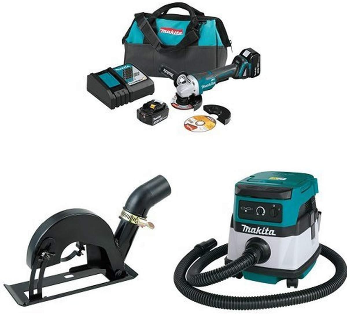 Makita XAG11T 18V LXT Brushless 4-1/2-Inch - 5-Inch Cut-Off/Angle Grinder Kit, 193794-5 Dust Extraction Cutting Guard,  XCV04Z 18V X2 LXT (36V) 2.1 Gallon HEPA Filter Dry Dust Extractor/Vacuum
