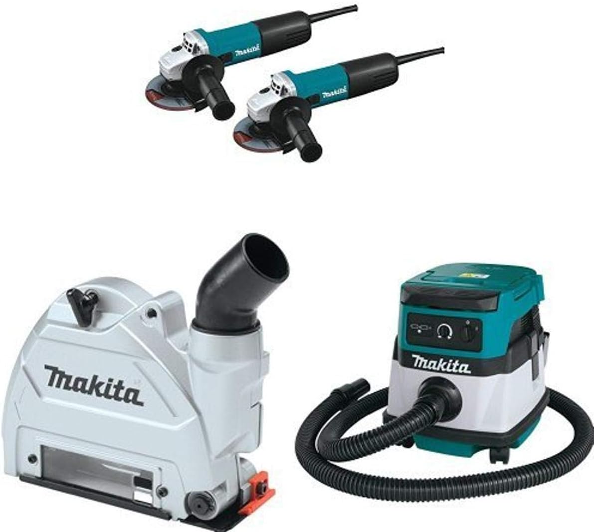 Makita 9557NB2 4-1/2-Inch Angle Grinder (2-Pack), with AC/DC Switch, 196846-1 Dust Extraction Tuck Point Guard,  XCV04Z 18V X2 LXT (36V) 2.1 Gallon HEPA Filter Dry Dust Extractor/Vacuum